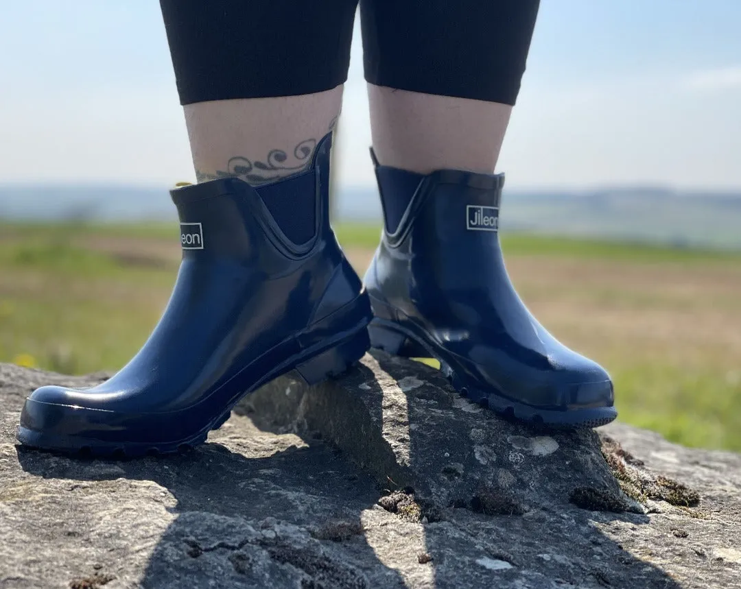 Ankle Height Rain Boots - Navy Blue Gloss - Wide Foot - Easy to Slip On