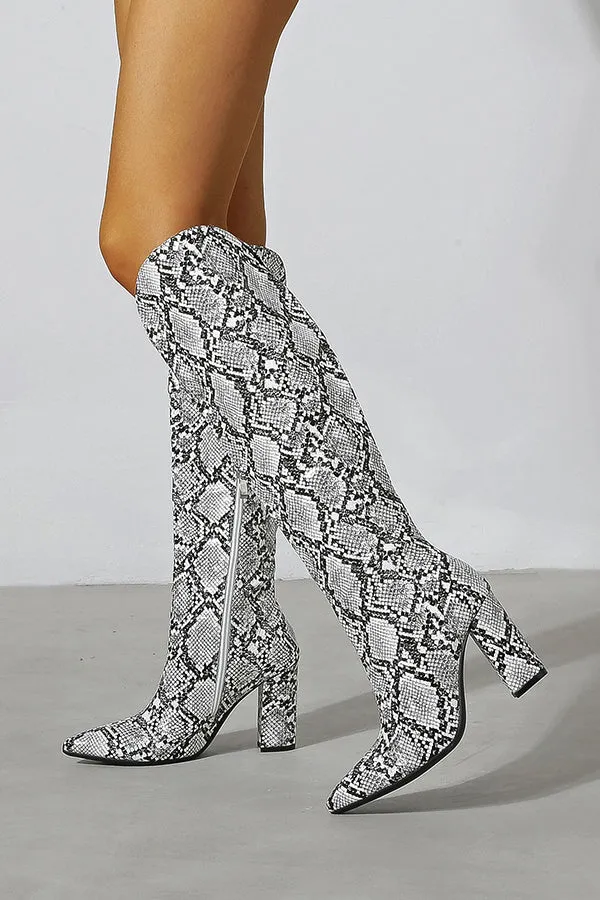 Chunky High Heel Snake Print Boots