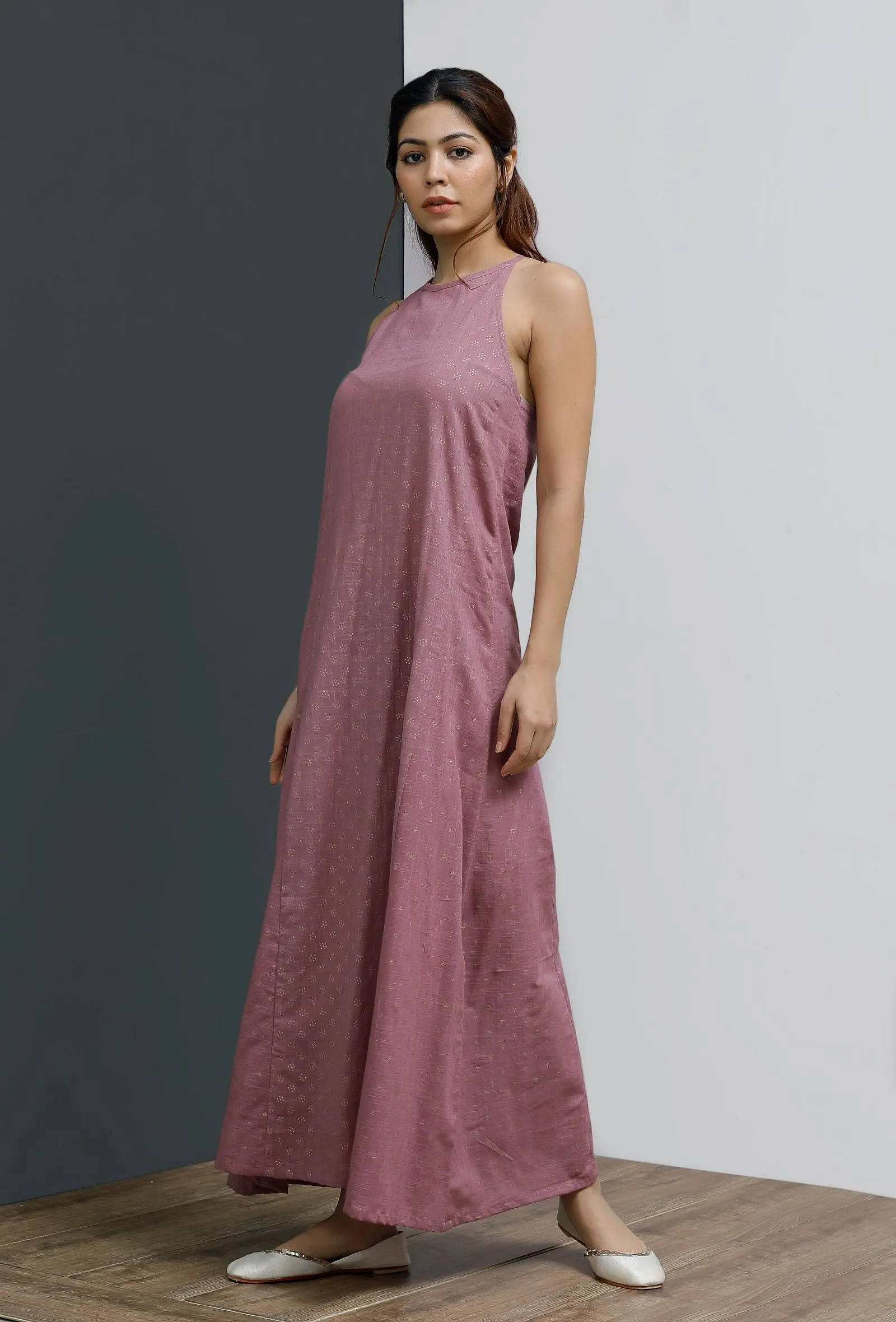 Onion Pink Hand-Block Printed Halter Neck Slip Dress