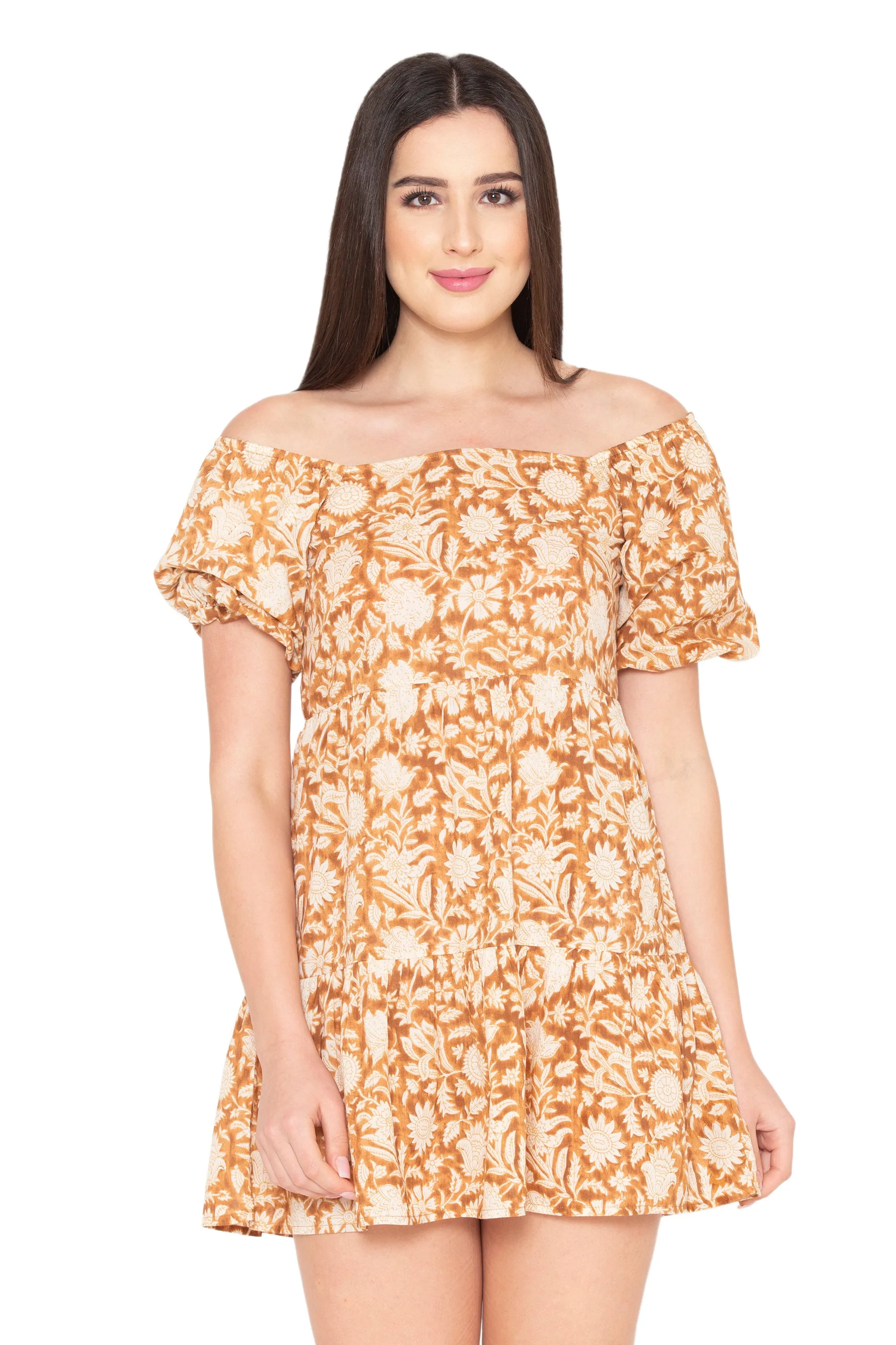 Porsorte Womens Cotton Printed Brown Flared Dress