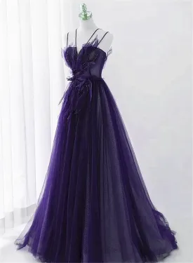 Purple Tulle Beaded Long A-line Prom Dress Formal Dress, Purple Evening Dress